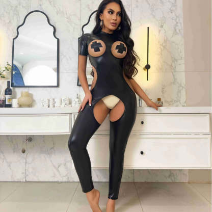 Tight crotch-less waist-revealing leather jumpsuit