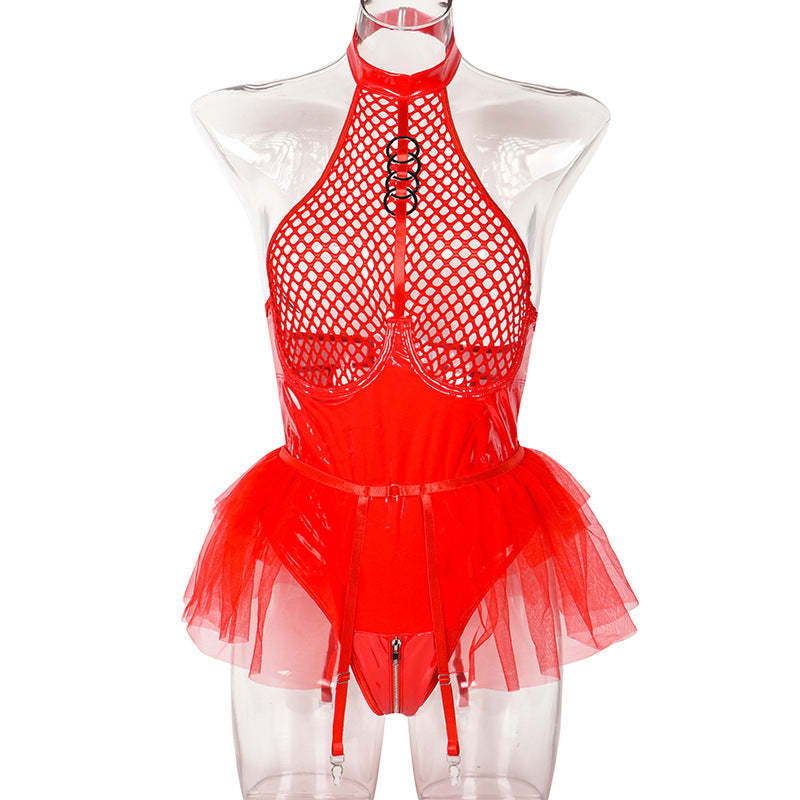 High-grade sexy lace black silk pajamas set