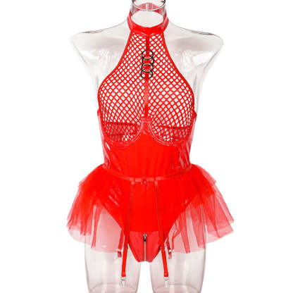 High-grade sexy lace black silk pajamas set