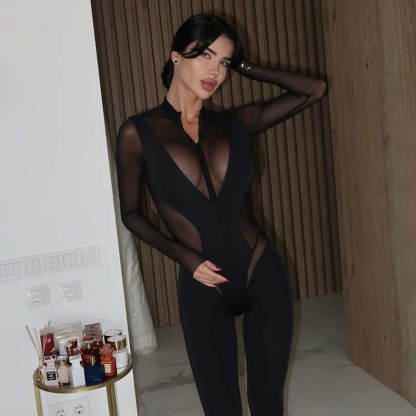 Sheer Mesh Cutout High-Neck Long-Sleeve Bodysuit