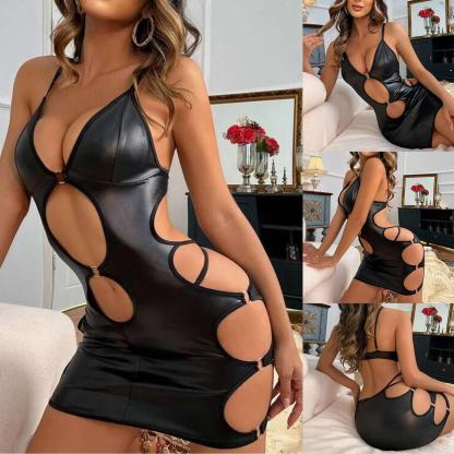 Sexy Cut-Out Leather Look Mini Dress – Bodycon Clubwear Lingerie for Women