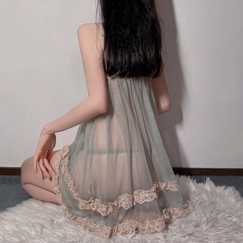 Mesh lace deep V padded suspender nightdress