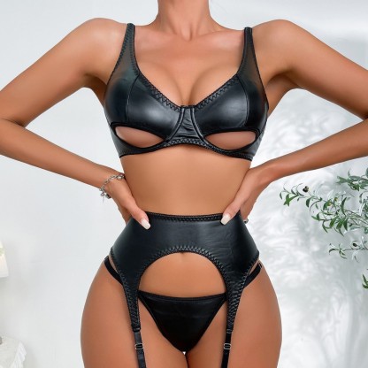 Leather cutout push-up bra set