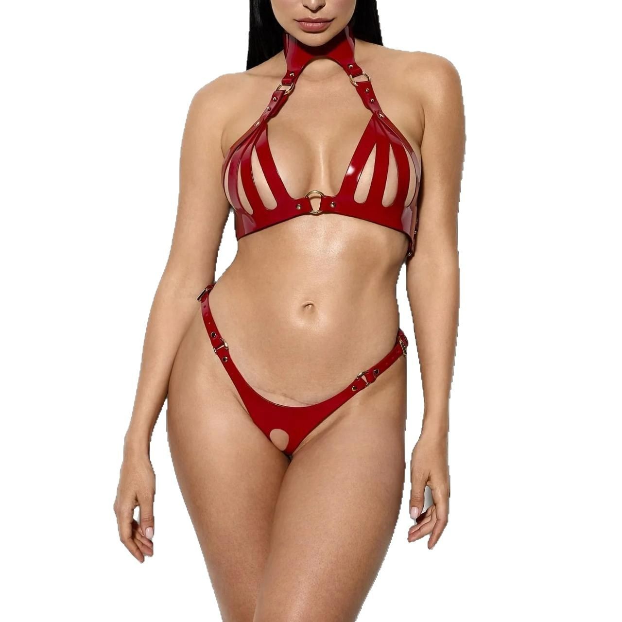 Leather cutout corset and panty set