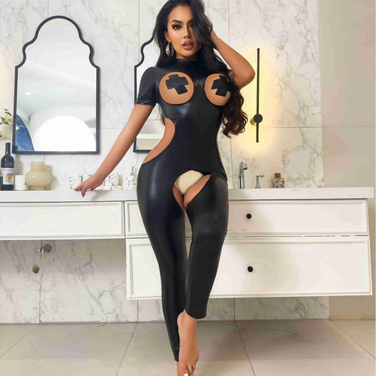 Tight crotch-less waist-revealing leather jumpsuit