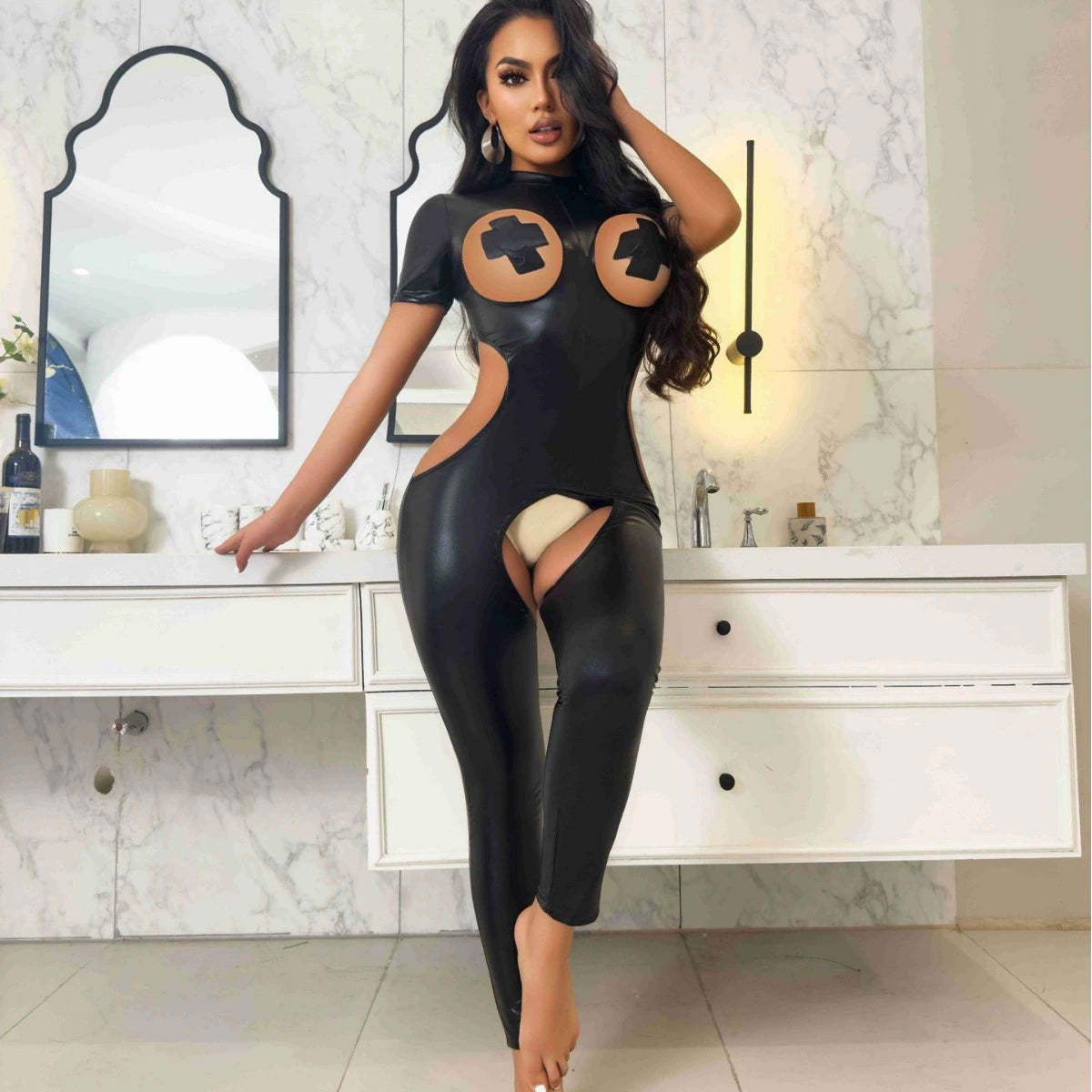 Tight crotch-less waist-revealing leather jumpsuit