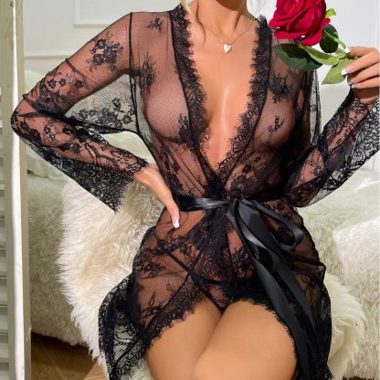 Sheer Mesh Lace Trim Sexy Lingerie Nightdress