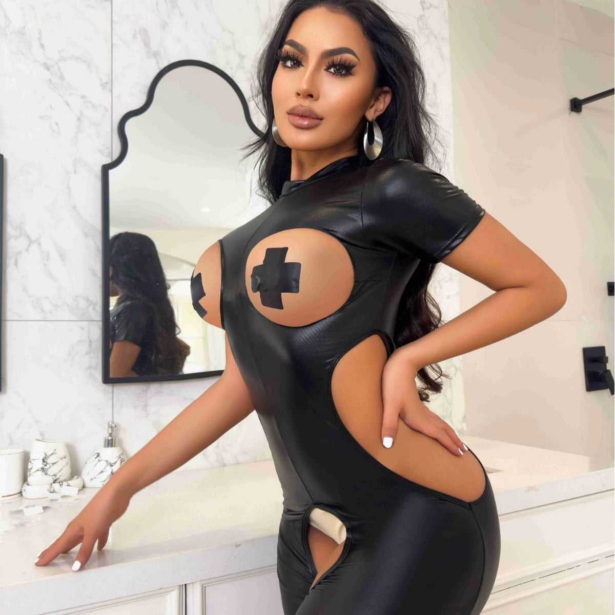 Tight crotch-less waist-revealing leather jumpsuit