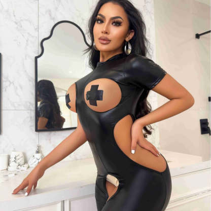 Tight crotch-less waist-revealing leather jumpsuit