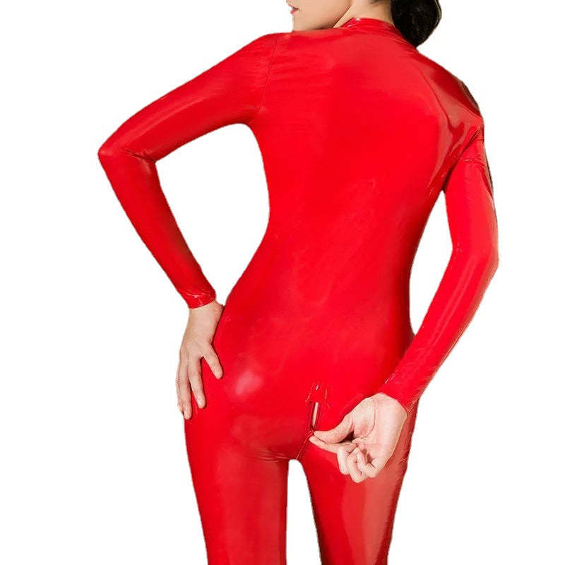 Shiny Faux Leather Bodysuit - Open Zipper Sexy Bodysuit