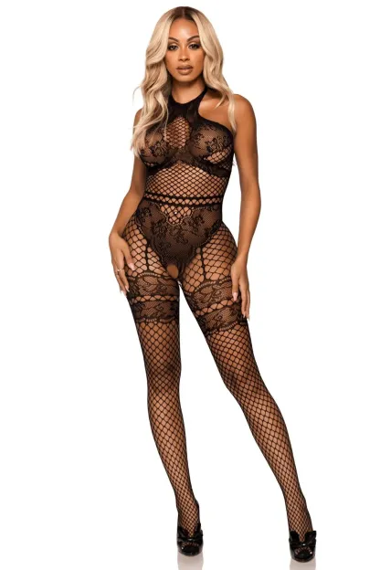 Backless halter-neck mesh cutout open-crotch bodysuit