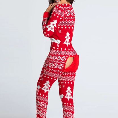 Button Flap Adult Pajamas Christmas Long Sleeve Home Clothes Jumpsuit