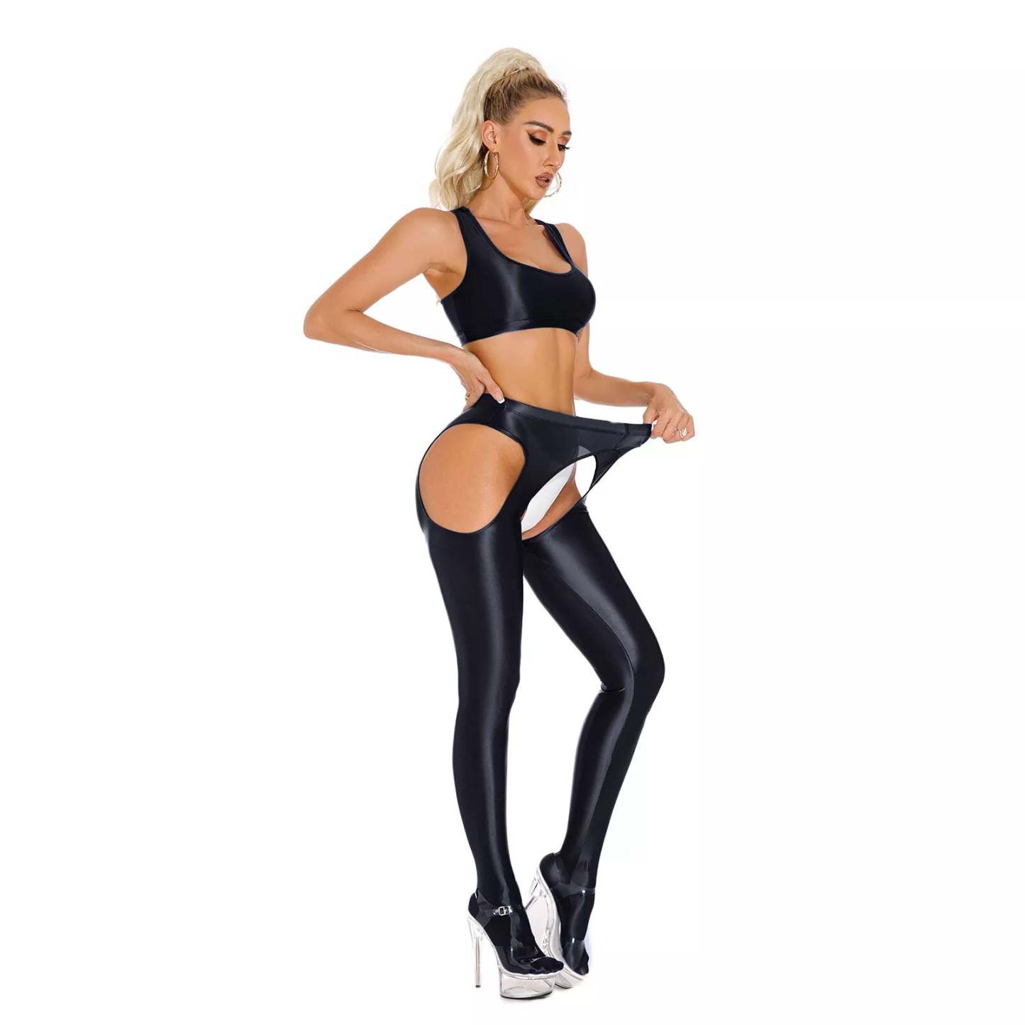 Transparent glossy crotch-length leggings 2-piece set