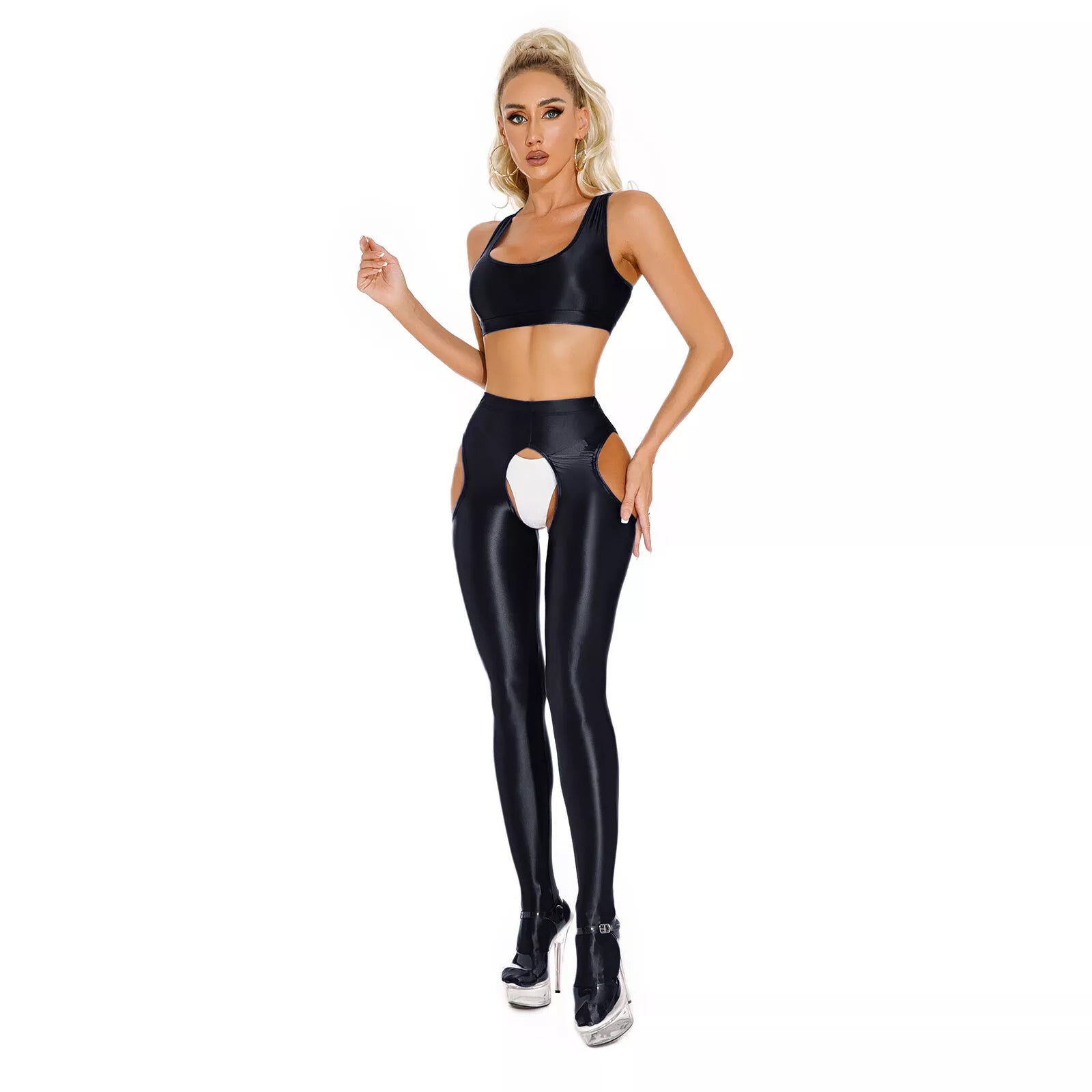 Transparent glossy crotch-length leggings 2-piece set