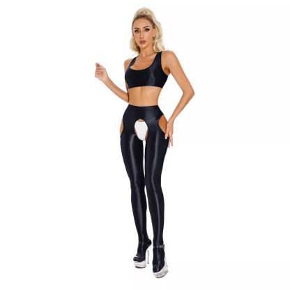 Transparent glossy crotch-length leggings 2-piece set