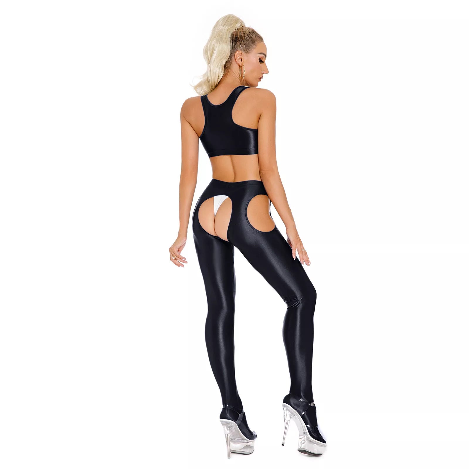 Transparent glossy crotch-length leggings 2-piece set