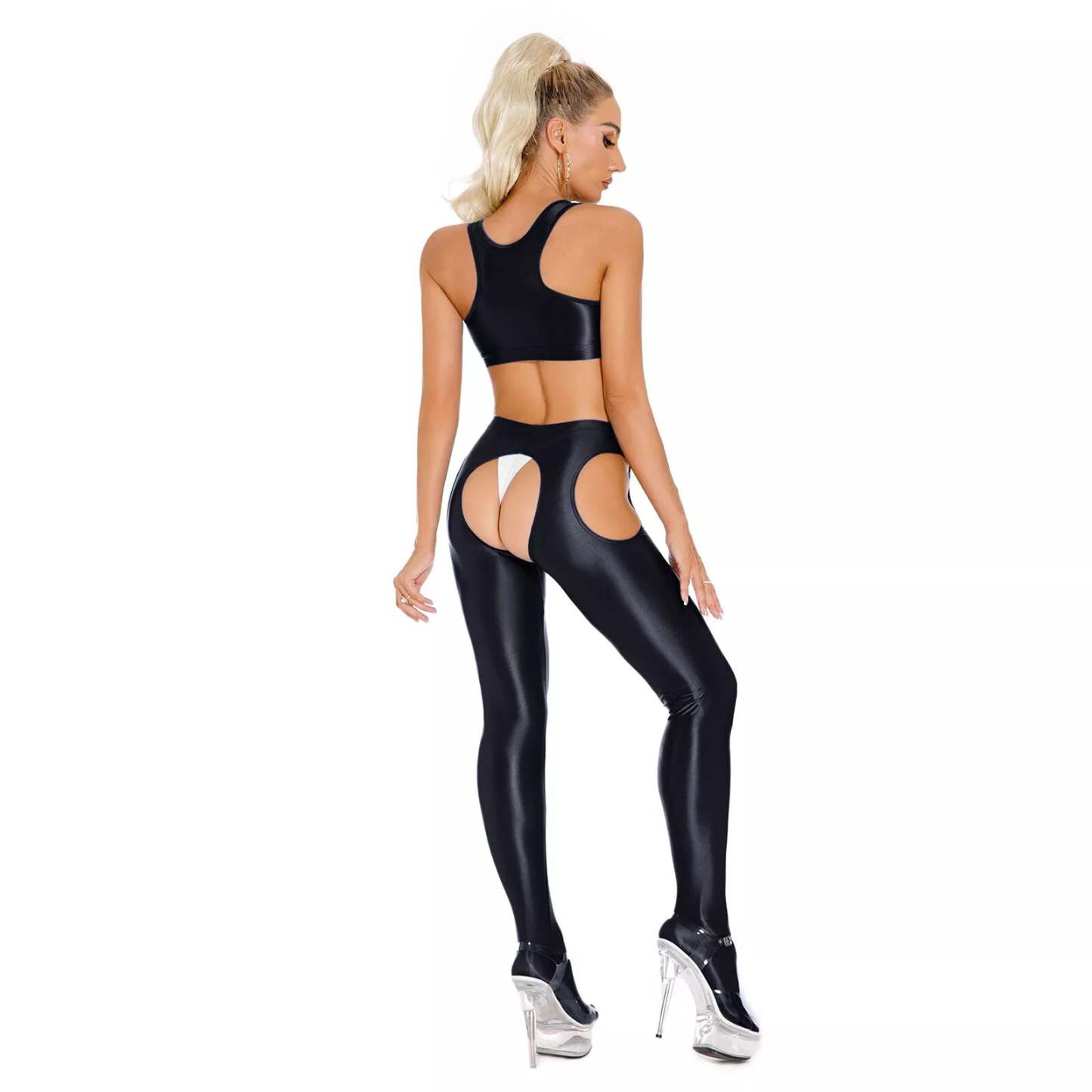 Transparent glossy crotch-length leggings 2-piece set