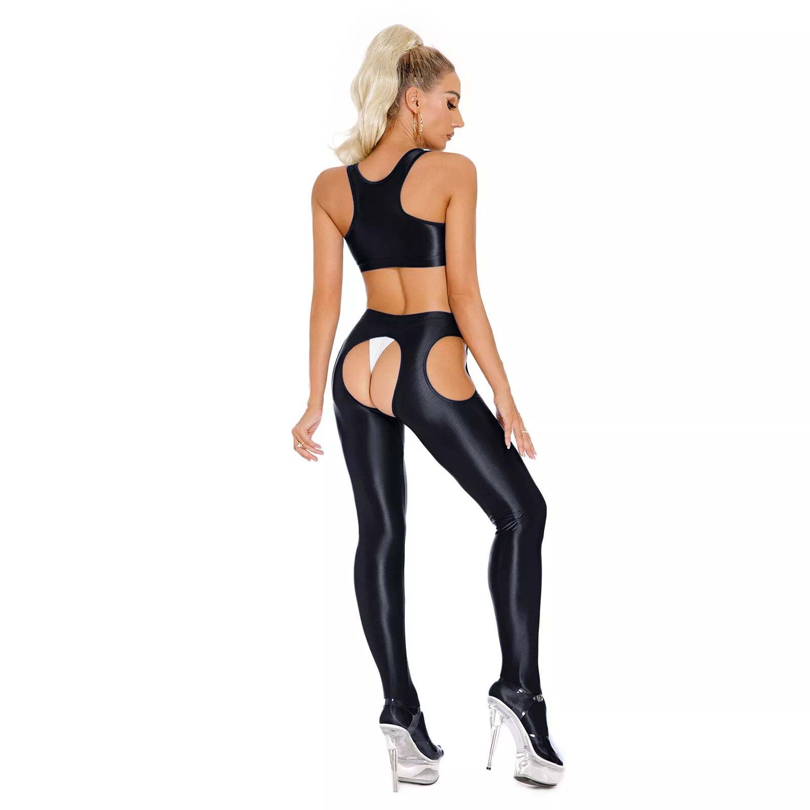 Transparent glossy crotch-length leggings 2-piece set