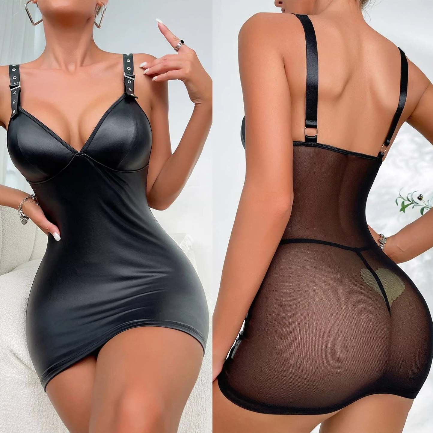 Sexy Leather Mesh See-Through Suspender Hip Skirt