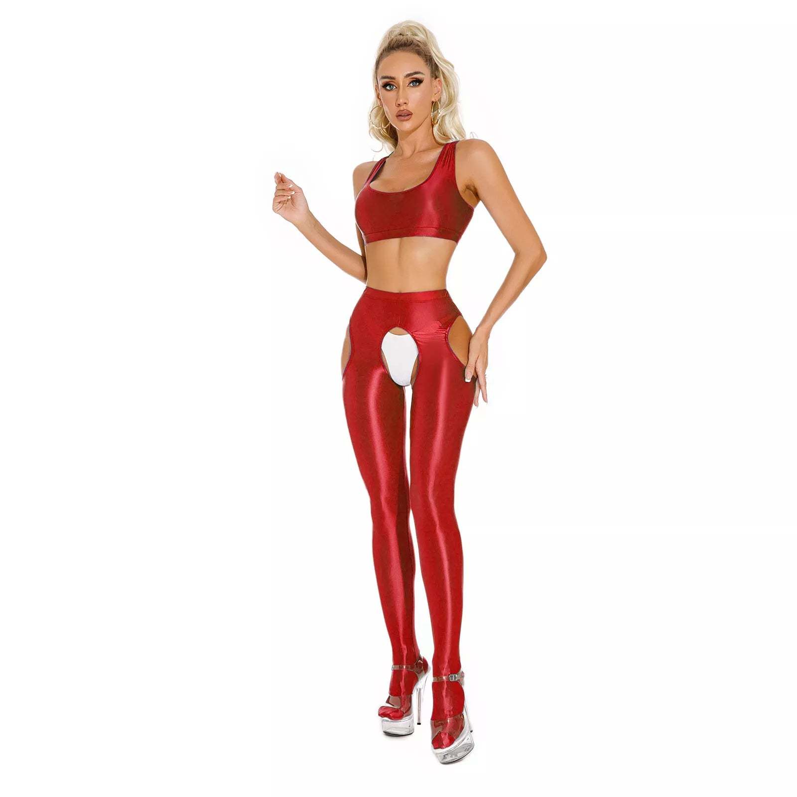 Transparent glossy crotch-length leggings 2-piece set