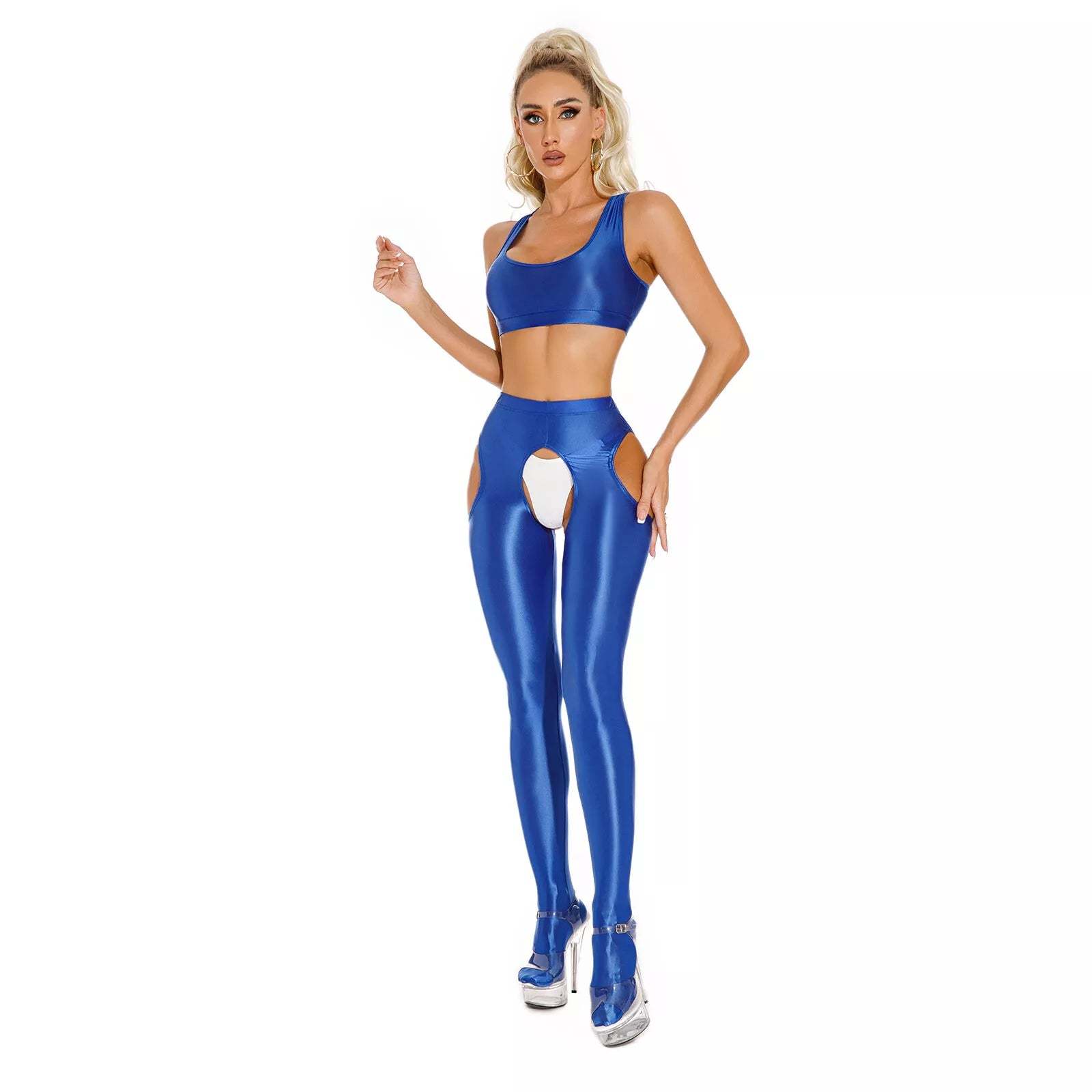 Transparent glossy crotch-length leggings 2-piece set