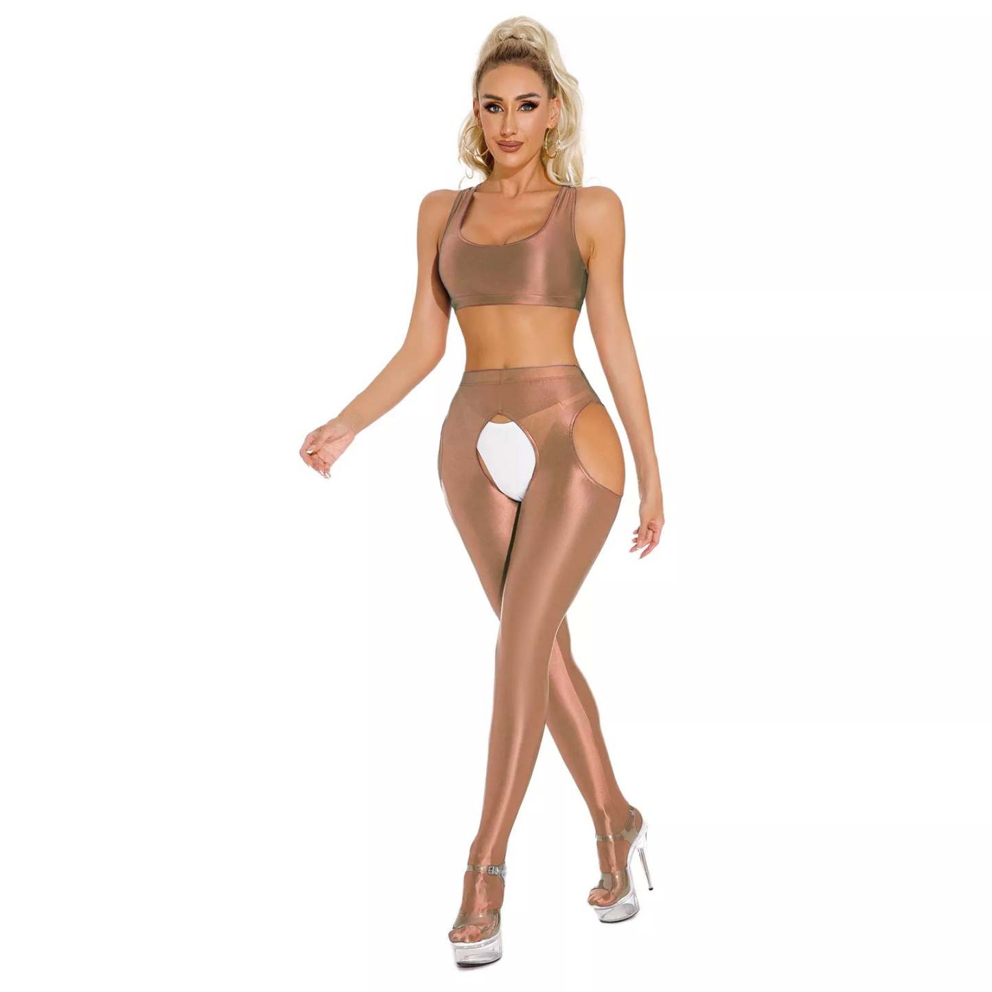 Transparent glossy crotch-length leggings 2-piece set