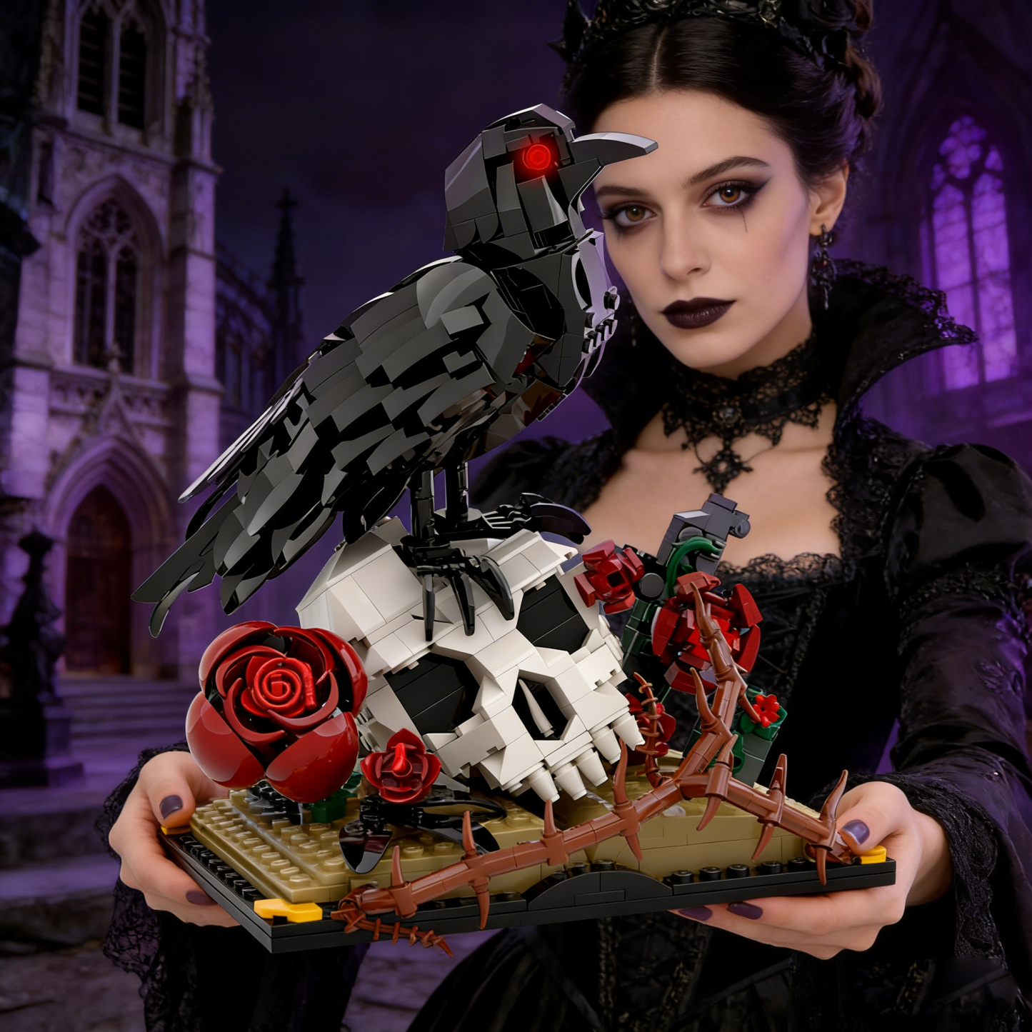 The Corvid’s Rest: Skull & Thorned Roses – Gothic Building Block Diorama