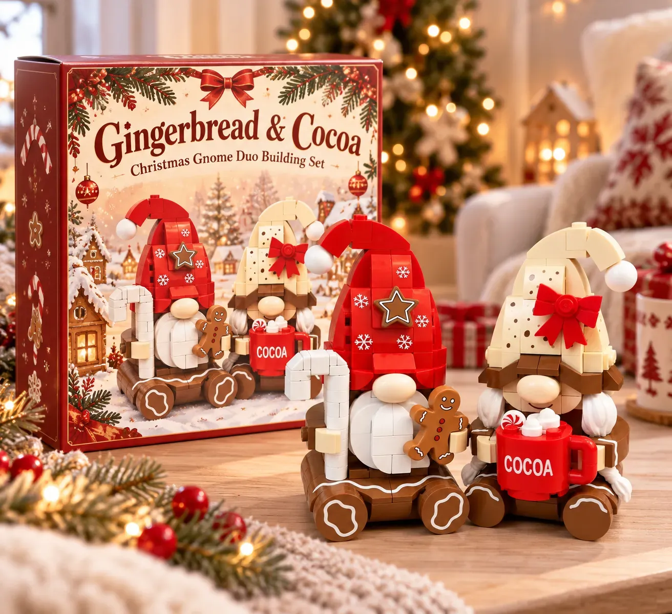🍪 Gingerbread & Cocoa — Christmas Gnome Duo Building Set☕