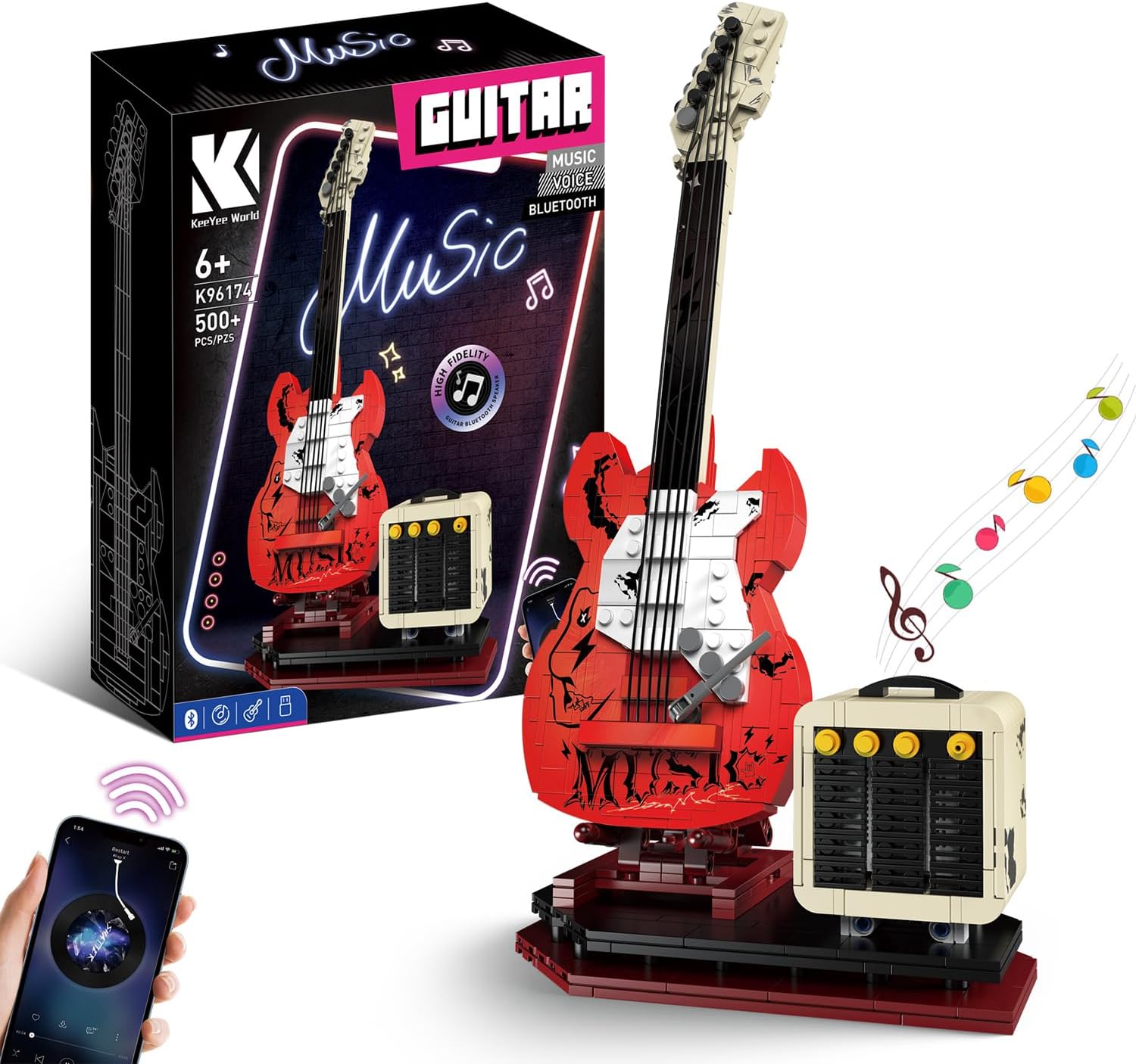 Guitar Music Interactive Building Set for Music Lovers,Reverb Amplifier & Authentic Accessories, Perfect Way to Rock Gift Giving.