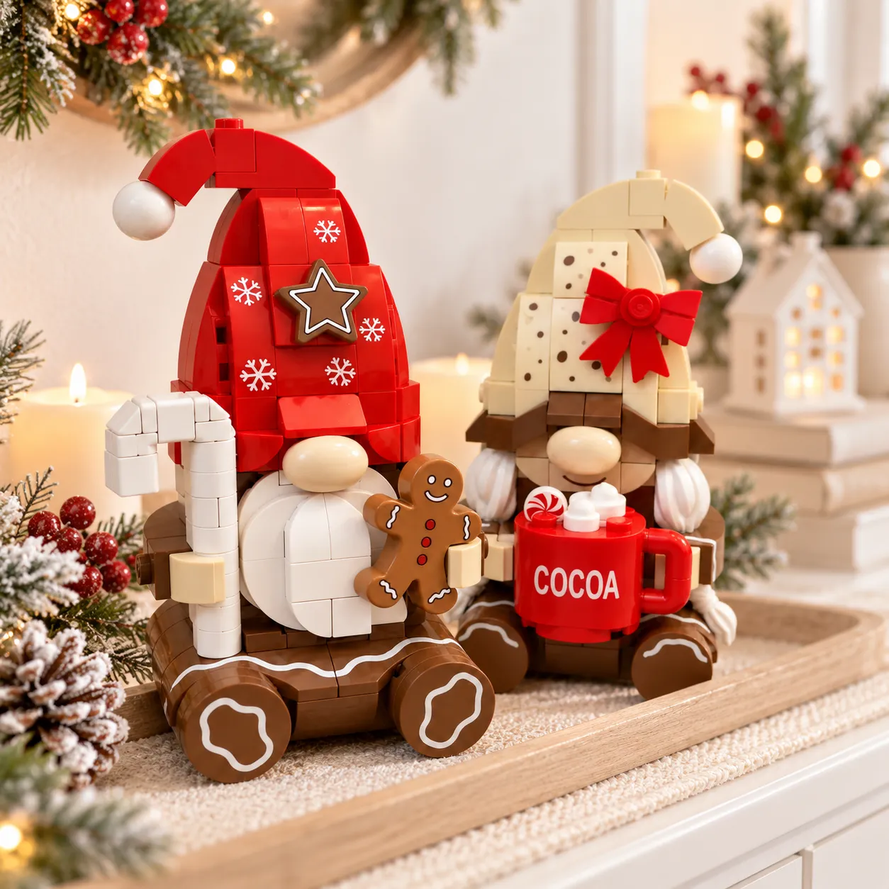 🍪 Gingerbread & Cocoa — Christmas Gnome Duo Building Set☕