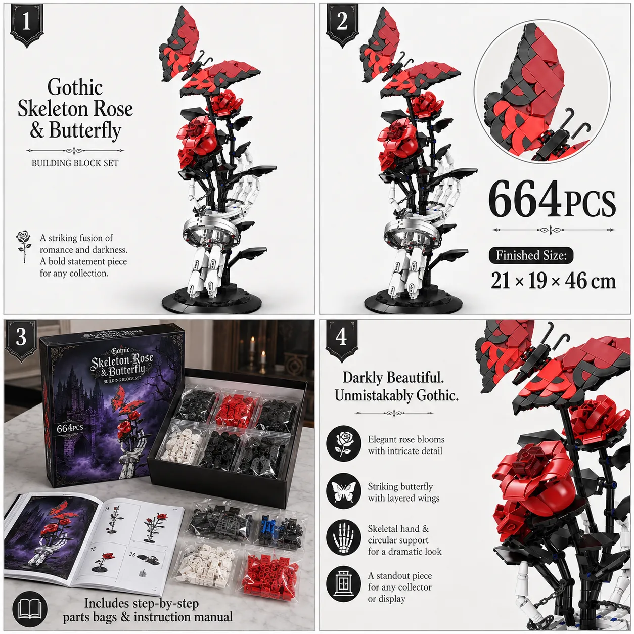 Gothic Skeleton Rose & Butterfly Building Block Set|664Pcs