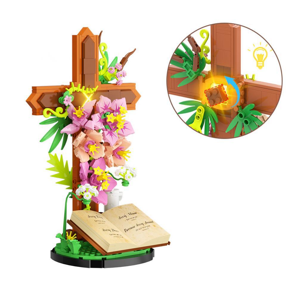 ✝️Floral Cross & Holy Bible – Faith-Inspired Building Block Display