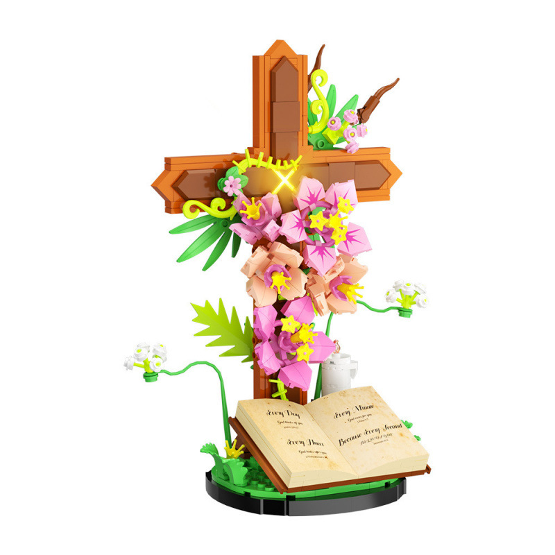 ✝️Floral Cross & Holy Bible – Faith-Inspired Building Block Display