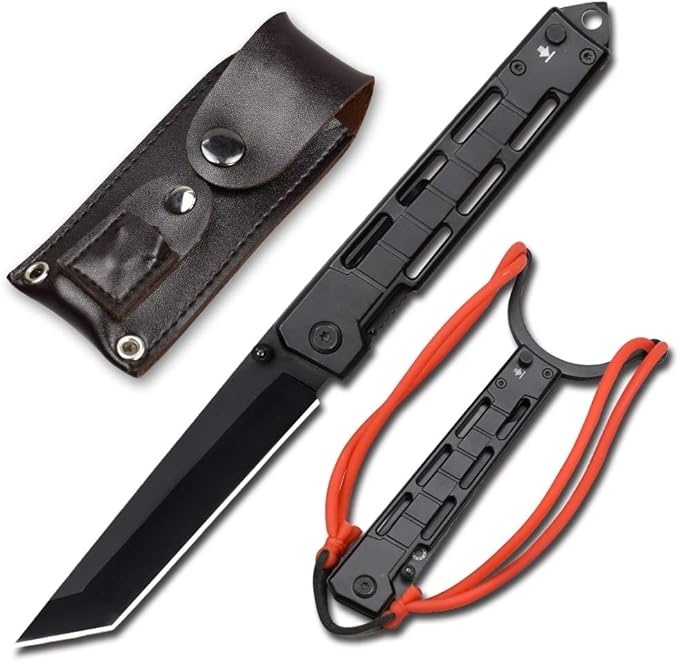 Tanto Folding EDC Knife – Outdoor Multi-Tool with Secure Thumb Lock & Leather Case