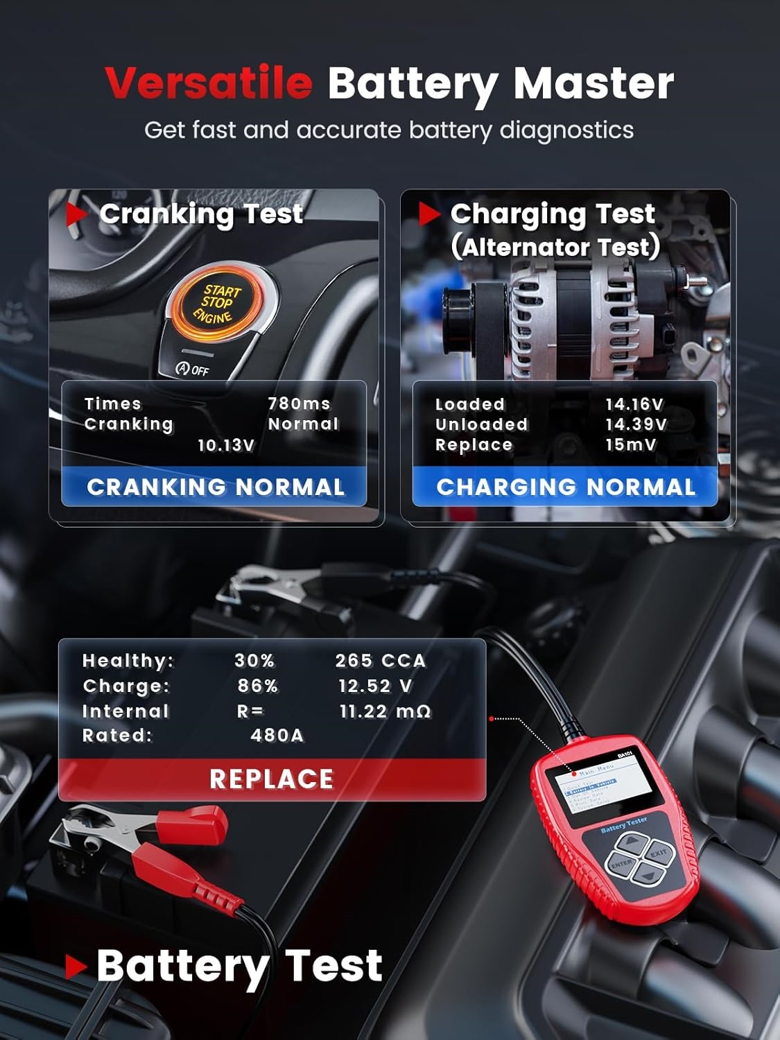 Compact 12V Battery Tester, Simple & Reliable Car Battery Check Tool