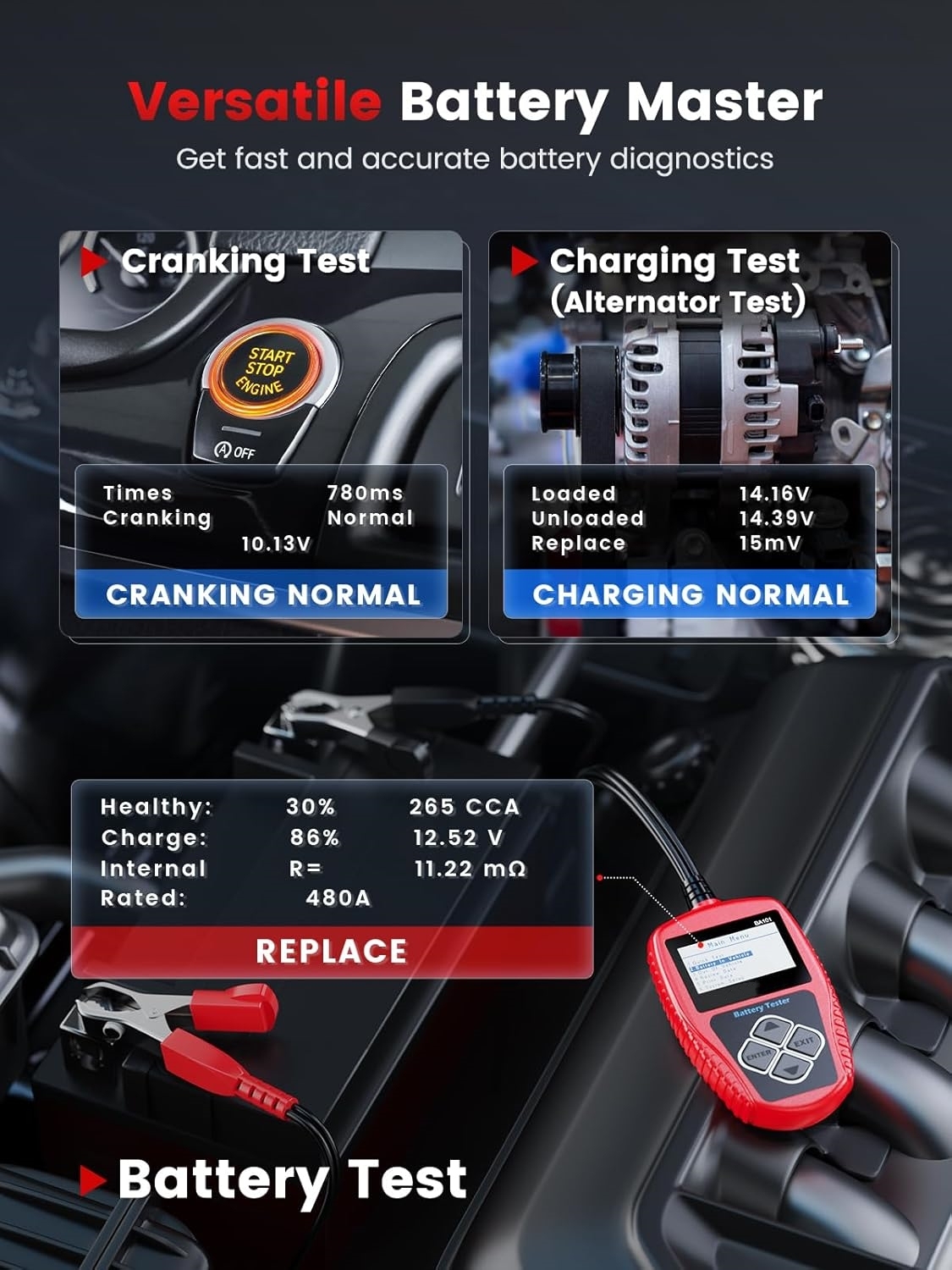 Compact 12V Battery Tester, Simple & Reliable Car Battery Check Tool