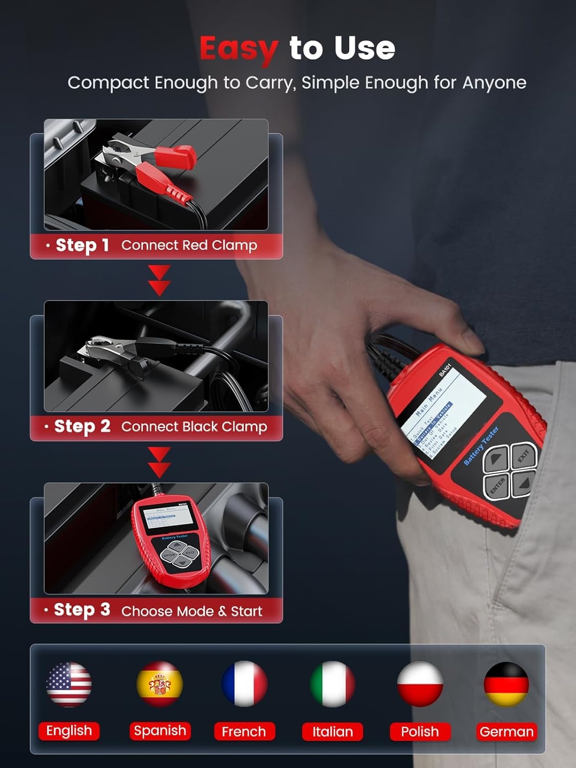 Compact 12V Battery Tester, Simple & Reliable Car Battery Check Tool
