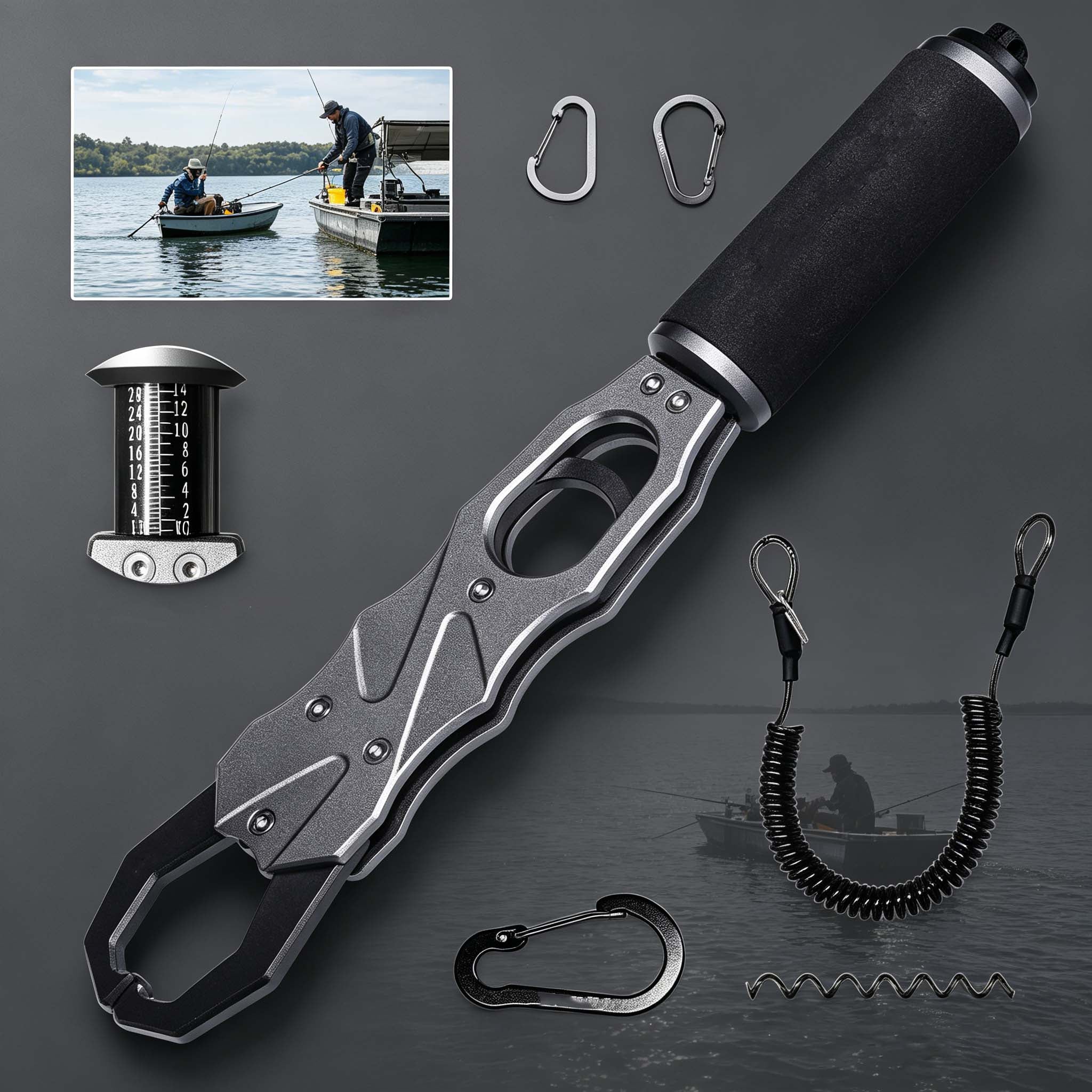 Two-in-one fish lip clip, single-finger operation aluminum alloy fish clip with scale.