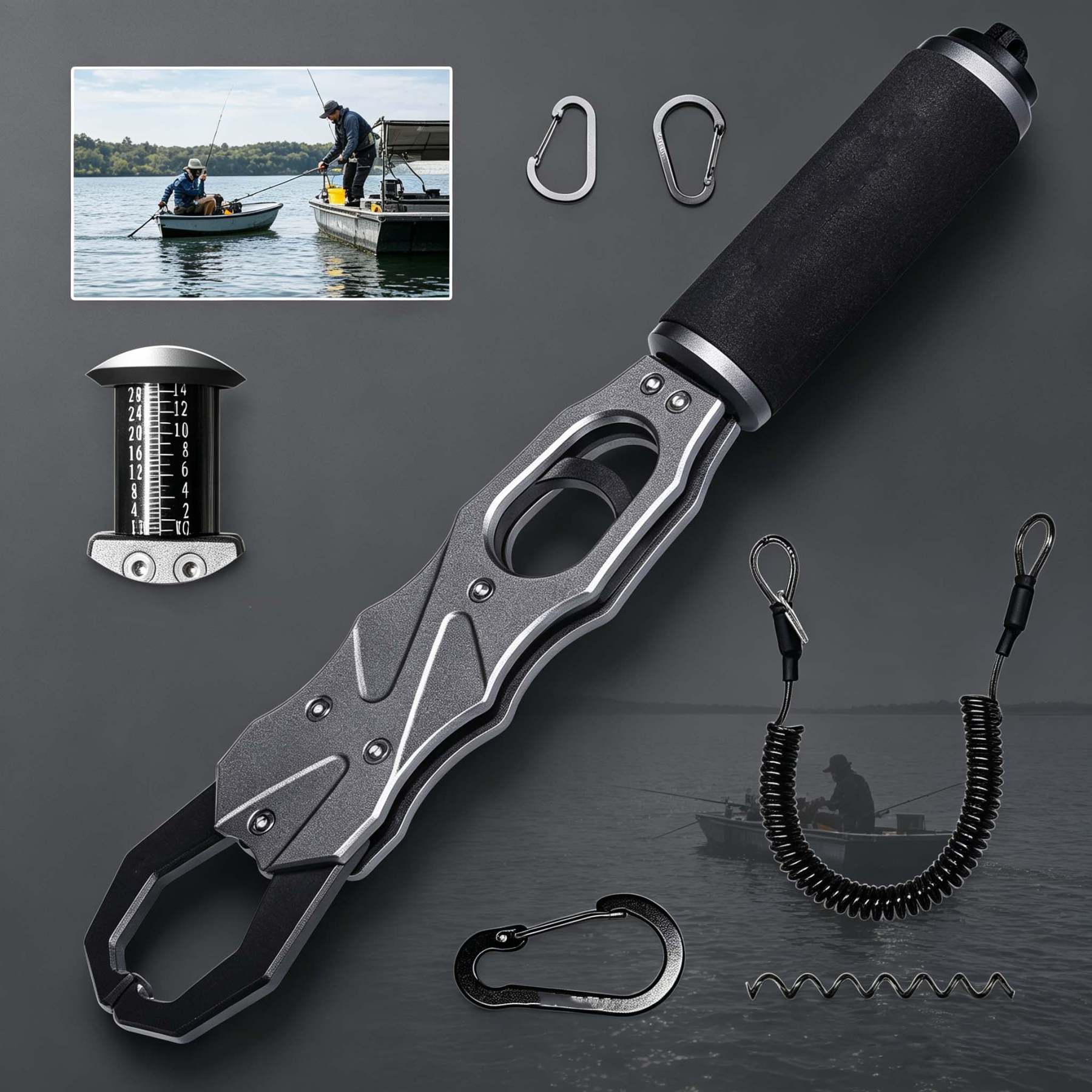 Two-in-one fish lip clip, single-finger operation aluminum alloy fish clip with scale.