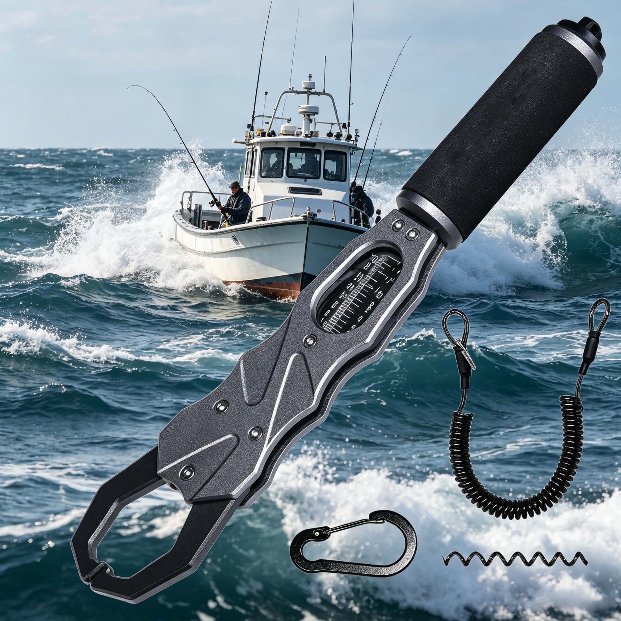 Two-in-one fish lip clip, single-finger operation aluminum alloy fish clip with scale.