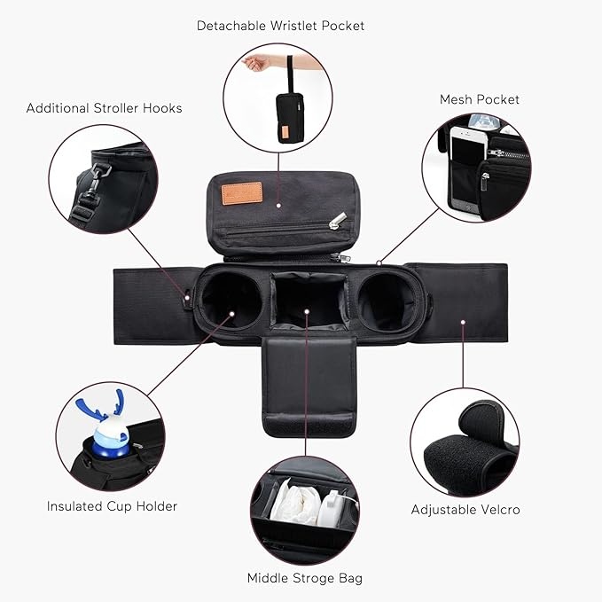 Universal Stroller Organizer – Detachable Bag with Insulated Cup Holders & Phone Pocket 