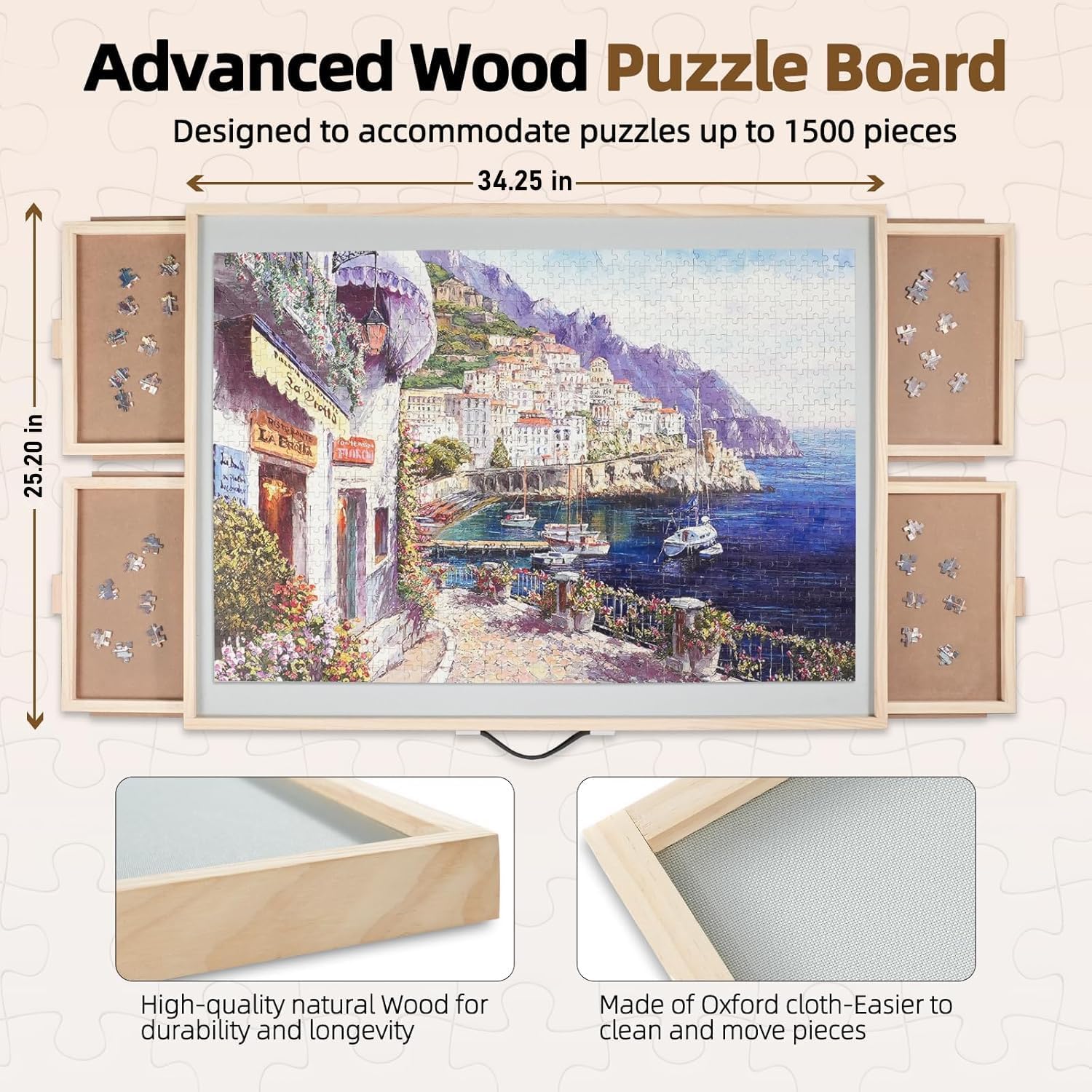 2-in-1 Rotating & Tilting Wooden Puzzle Board for Adults | 2000 Piece Capacity with 4 Drawers & Cover