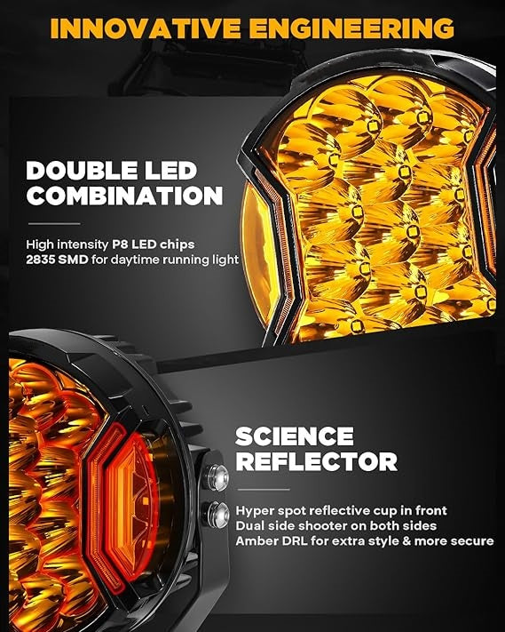 Amber LED Off-Road Light Pods - 26800LM, 270° Wide Beam