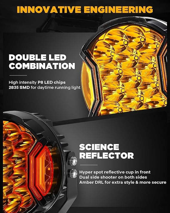 Amber LED Off-Road Light Pods - 26800LM, 270° Wide Beam