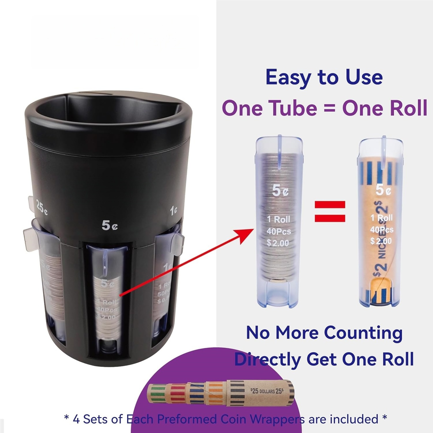 5-in-1 Automatic Coin Sorter – Pennies to Dollars, No Batteries, Rotatable Base