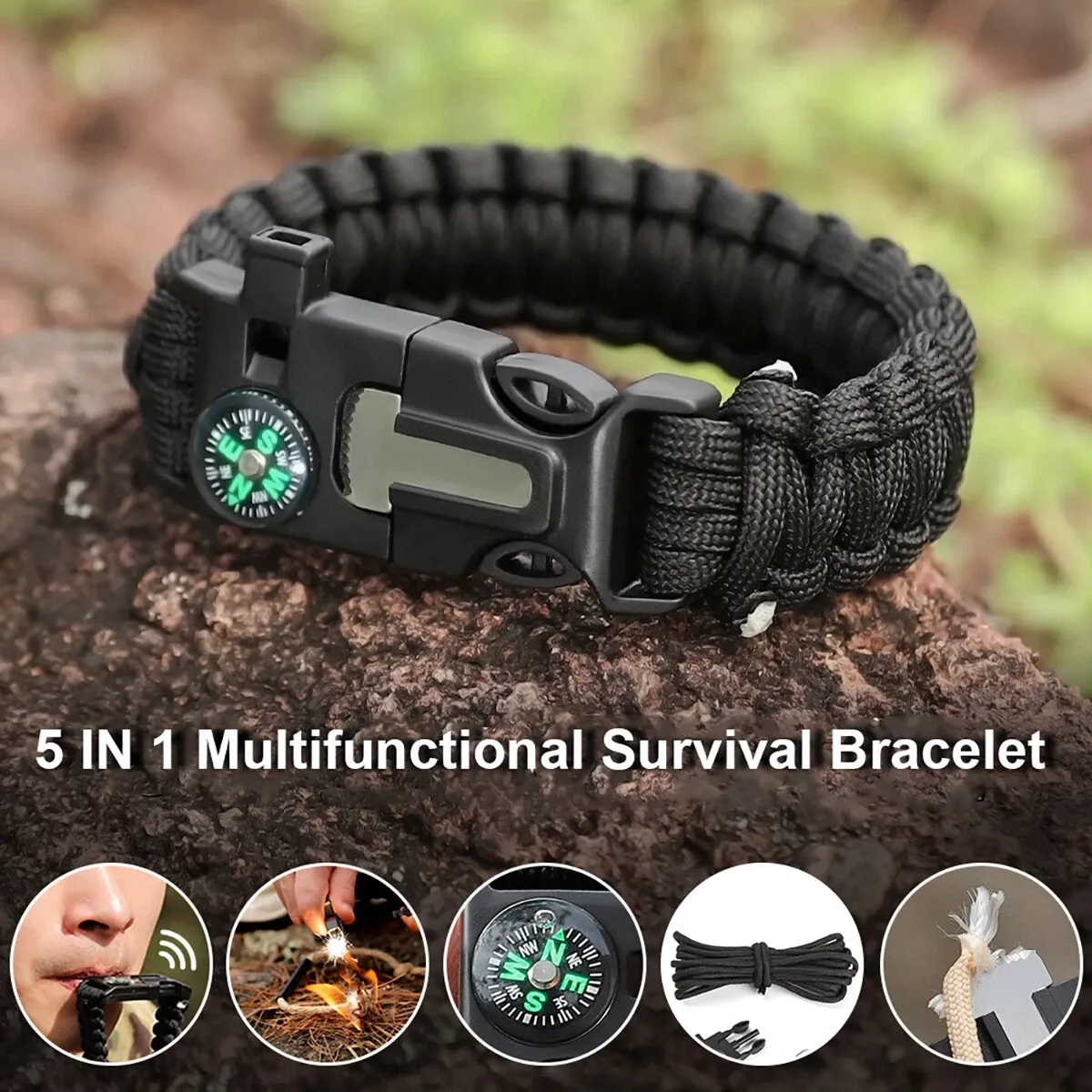 Multi-Function Paracord Bracelet – Fire Starter, Emergency Whistle, Compass, Survival Gear