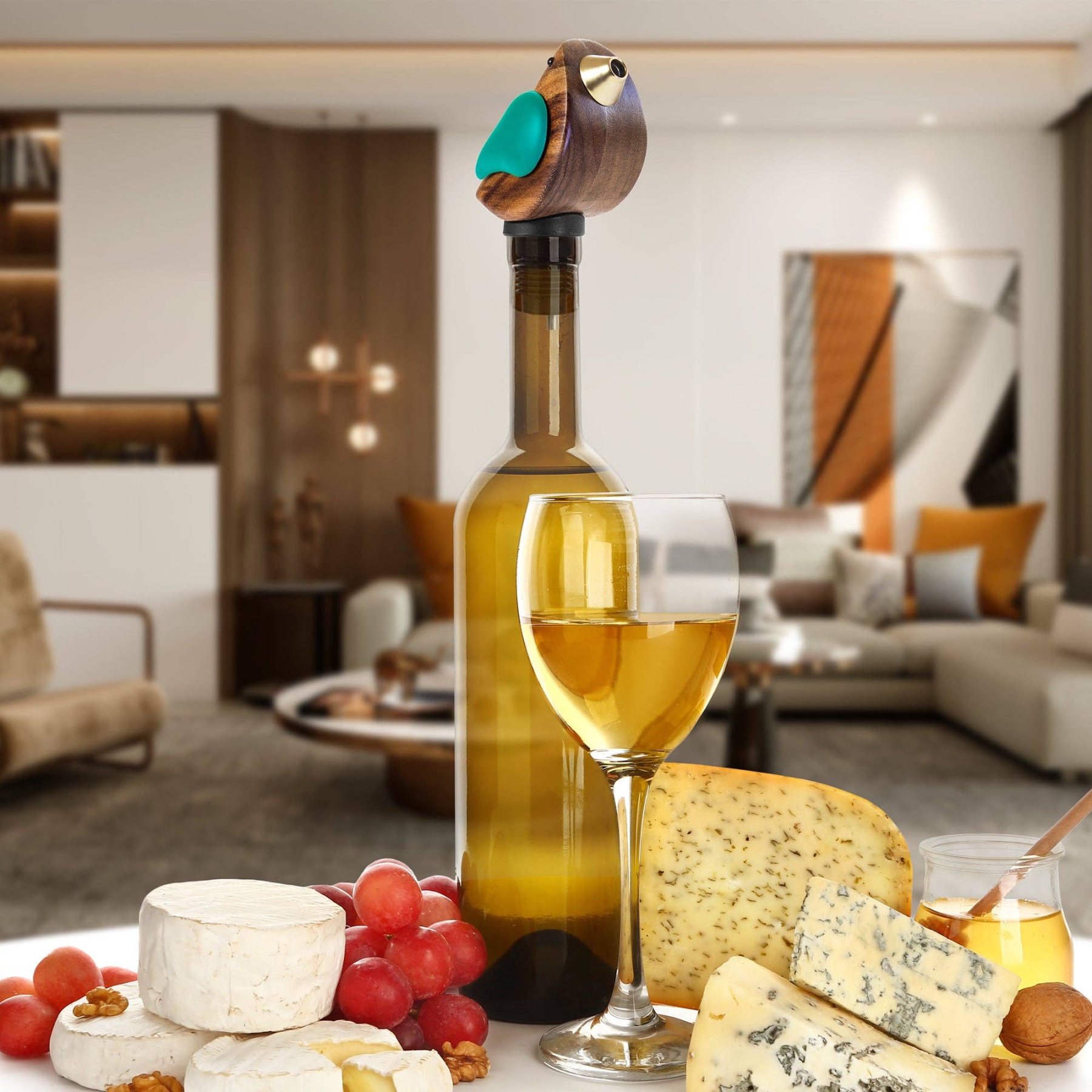 Singing Bottle Pourer – Turquoise | Acacia Wood & Silicone