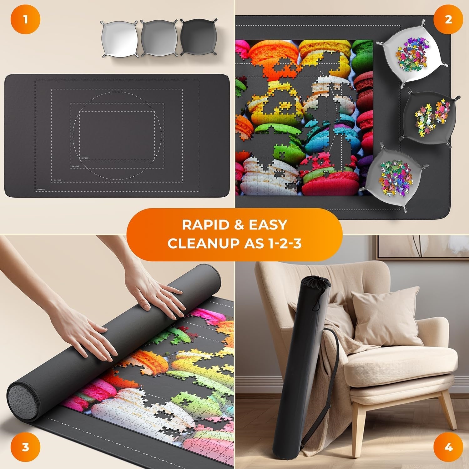 Roll-Up Puzzle Mat with Sorting Trays – Portable Storage Mat for Up to 1500 Pieces