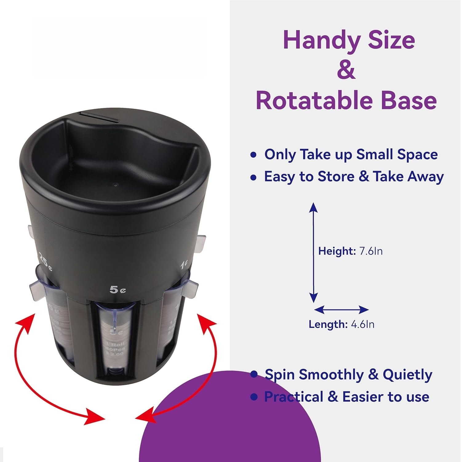 5-in-1 Automatic Coin Sorter – Pennies to Dollars, No Batteries, Rotatable Base
