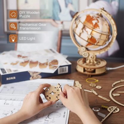3D Wooden Puzzle – LED Light-Up Globe Model Kit with Stand